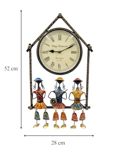 Image of Metal Wall Clock with Decorative Traditional Rajasthani Musician | Stylish Iron Wall Art for Living Room, Bedroom, Office | Unique Diwali Gift & Home Decor | Fancy Clock for Living Room