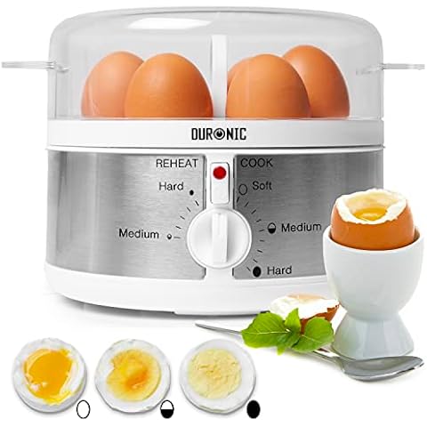 Duronic EB35 Electric 7 Egg Boiler Steamer Cooker with Buzzer - Soft | Medium | Hard Boiled Eggs Alarm Timer Settings | Stainless Steel - Includes Egg Cup Piercer & Measuring Water Cup Cover