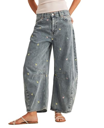 loveimgs Women Boyfriend Baggy Barrel Jeans Mid Rise Wide Leg Jeans Embroidered Denim Ankle Pants Patchwork Sweatpants Y2k