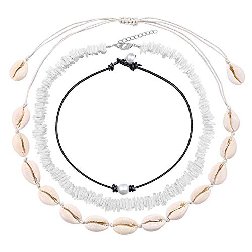 Happrrow Cowrie Shell Necklace Puka Shell Choker Shell Anklet Conch Beach Jewelry for Women (D:3pcs puka Shell Necklace &Shell Choker&Pearl Choker)
