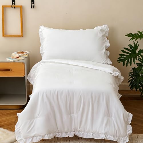 Image of Wellboo Boho White Lace Toddler Bedding Sets for Girls Boys Solid Color Shabby Chic 4 Pieces Soft Crib Bed Set Including Comforter, Sheets and Pillowcase Kids Vintage Rustic Floral Ruffle Quilt Warm