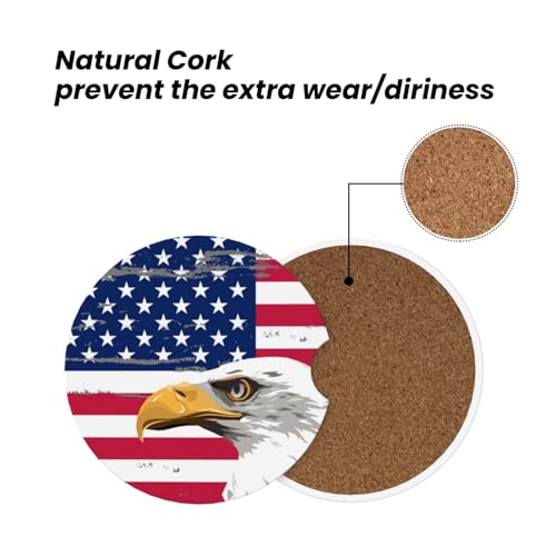Image of American Flags Eagle Car Coasters for Cup Holder Absorbent Ceramic Cup Coaster 2 Pack Anti Slip Car Interior Accessories with Finger Notch Cork Base for Women Men 2.56 inch