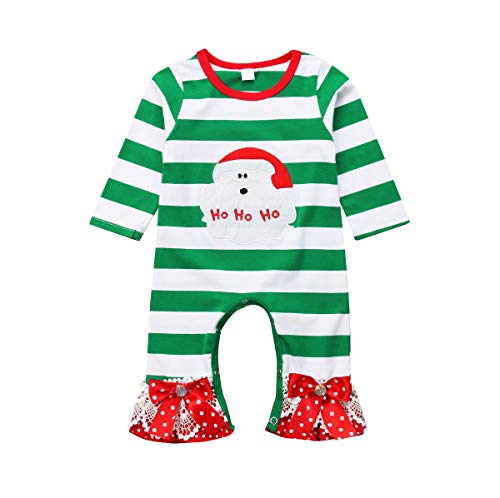 Christmas Clothes Newborn Baby Girl Long Sleeve Romper Bell Bottom Ruffled Jumpsuit Bow Flared Pants (Green White Stripes (Santa Claus), 12-18 Months)