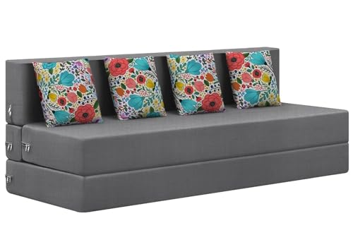 Image of Rosebell Foldable 4 Seater Sofa Cum Bed, Sofa Bed 6 X 6 Feet, Jute Fabric- Washable Cover- Including Four Cushion Perfect for Home & Office, Guest Room - Grey