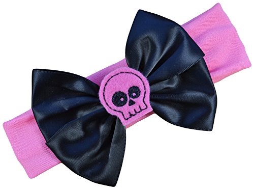 Image of Funny Girl Designs Satin Bow and Felt Skull Baby Headband From Fits Newborn to 12 Months (Black Bow with Hot Pink Skull)