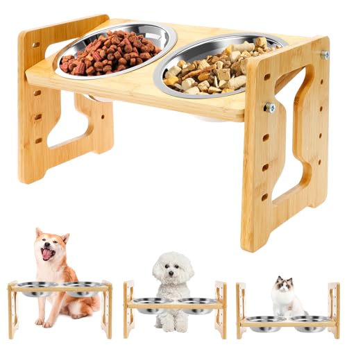 Comedero Elevado para Perros y Gatos con Soporte Ajustable, Antideslizante, 2 Cuencos de Acero Inoxidable, 5 Alturas (A)