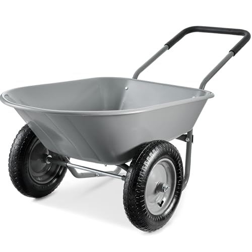 Image of Best Choice Products Dual-Wheel Home Utility Yard Wheelbarrow Garden Cart w /Built-in Stand for Lawn, Gardening, Construction - Gray