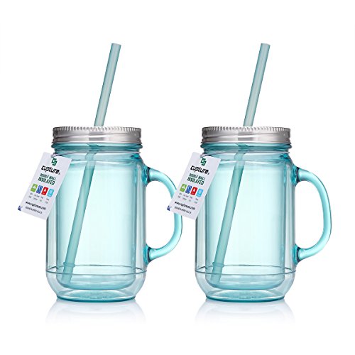 Cupture 2 Vintage Blue Mason Jar Tumbler Mug With Stainless Steel Lid and Straw - 20 oz