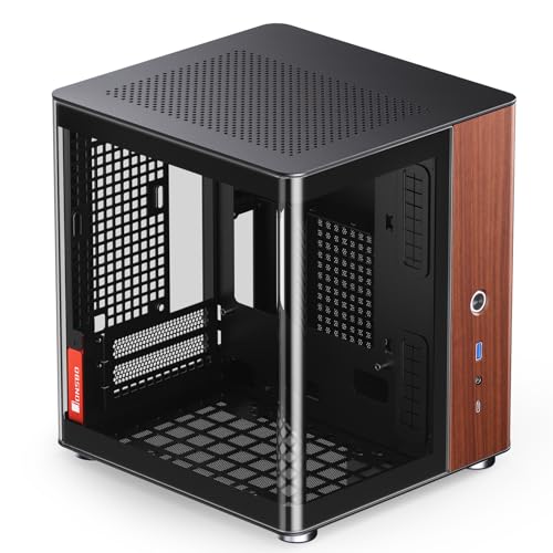 Image of JONSBO TK-0 Black ITX Mini Tower PC Case, Hyperboloid Glass Desktop Design,Separated Cabinet Structure, Al Alloy Shell DTX /ITX Walnut Wood Computer Case, Sff Case,Black