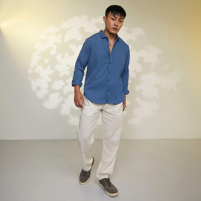 Image of CAHOOT Men's Veined-Textured Shirt | Casual Wear | Spread Collar | Long Sleeve | Button Closure | Shirt Crafted with Comfort Fit for Everyday Wear