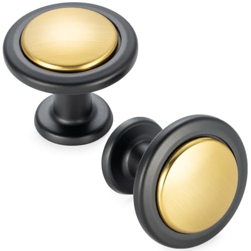 KOOFIZO 10 Pack Gold and Black Kitchen Cabinet Knobs Brushed Gold and Black Drawer Knobs 1960 Round Single Hole Cabinet Pulls for Cabinets Drawers Dresser Cupboard Bedroom Bathroom
