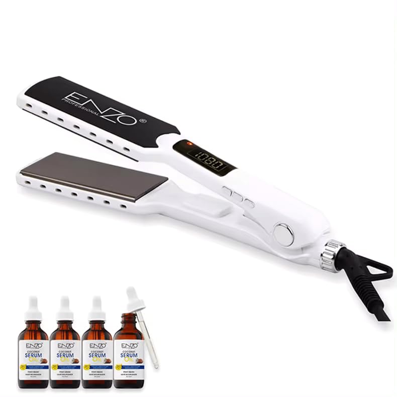 ENZO EN-5050 Professional Nano Titanium Hair Straightener -Flat Iron with 4 Bottles of Coconut Oil, Advanced Heat Technology, Adjustable Temperature Settings, and Ergonomic Design - Intl Version