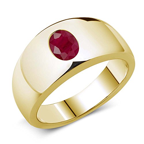 Gem Stone King Men's 18K Yellow Gold Plated Silver Oval Red Ruby Ring (1.60 Cttw, Gemstone Birthstone, Available In Size 7, 8, 9, 10, 11, 12, 13)