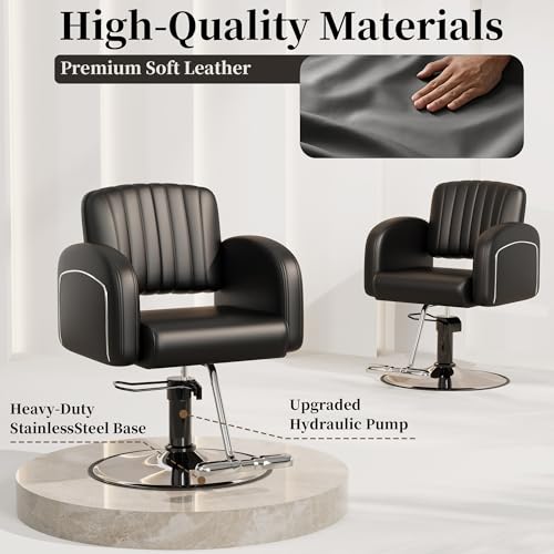 Baasha Professional Silver Salon Chair, Luxury Hydraulic Styling Chair with Soft PU Leather, High-Density Foam Cushion, 360° Swivel, Stainless Steel Frame, Ergonomic Design, 330 lbs Capacity