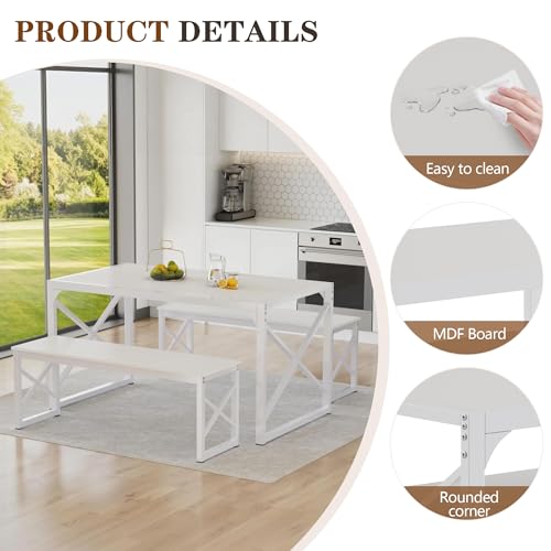 Image of VECELO 55 inch Kitchen Dining Table Set for 4, Heavy-Duty Steel Frame & Wood-Grain Tabletop, Space-Saving Dinette Sets with 2 Benches for Breakfast Nook and Small Space, White