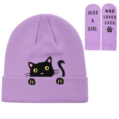 Girls Cute Cat Embroidered Beanie Hat and Socks Set, Kids Knitted Beanies Skull Cap for Christmas Gift Cat-Lovers Gift