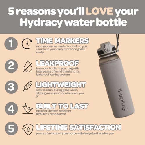 Hydracy Water Bottle with Time Marker -Large 32 oz BPA Free Water Bottle & No Sweat Sleeve -Leak Proof Gym Bottle with Fruit Infuser Strainer & Times to Drink -Ideal Gift for Fitness Sports & Outdoors