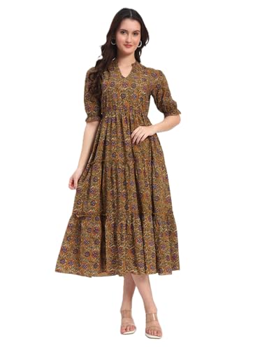 Image of Women's Fit and Flare Dress I Pure Cotton Long Summer Maxi Dress I V-Neck I Casual Wear I Printed Kalamkari Floral Middi