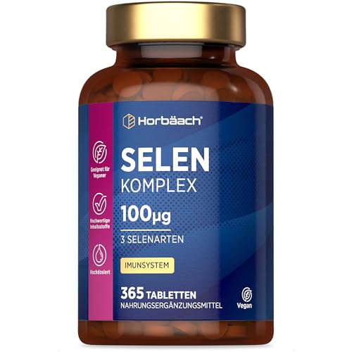 Selen Hochdosiert | 1 Jahr Vorrat - 365 Hochdosiert Tabletten | 3 typen Selenium Komplex aus Natriumselenit und Selenmethionin | 100mcg | Vegane | ohne unnötige Zusätze | by Horbaach