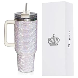 Buyso 40 Oz Bling Tumbler With Handle Rhinestones Tumbler With Lid and Straw Fix for Car Cup Holder Insulated Stainless Steel Double Wall Water Cup Travel Mug Tumblr For Women（40 oz, White
