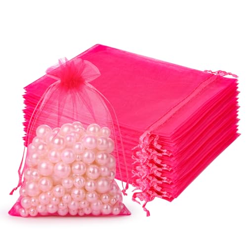 Image of Hopttreely 100pcs Organza Drawstring Gift Bags, 4 x 4.72 inch Mesh, Hot Pink Satin Pouch Wedding Party Favor Bags