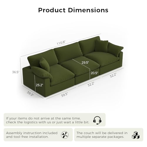 Image of Modular Cloud Sofa,Convertible 3-Seater Set,Extra Deep Seat Down Filled Seat,Washable & Replaceable Cushion Covers for Living Room,Apartment,Green