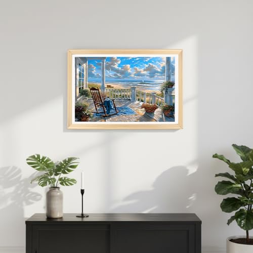 Image of HASTHIP DIY Paint by Number Kit for Adults, Coastal Porch Ocean View Landscape Painting Art Work with Frame, DIY Acrylic Paint by Numbers Canvas Wall Art Home Decor Gift, 40x50cm