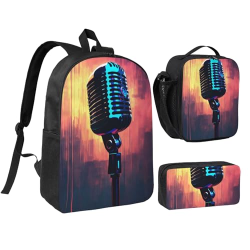 DUWAA Ensemble 3 en 1 avec microphone et sac à dos imprimé notes de musique, sac à bandoulière, sac à déjeuner, pochette à stylos, 43,2 cm pour homme et femme, noir, One Size