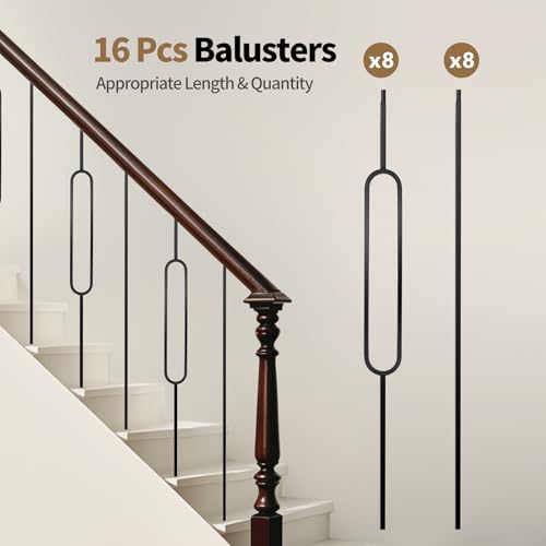 16 Pcs Iron Balusters for Staircase - 44 Inches Wrought Iron Balusters, Balusters for Staircase Interior Satin Black Metal Stair Railing Hollow Deck Spindles - 8 Oval & 8 Straight by cerbearfy - Used condition - Image 7