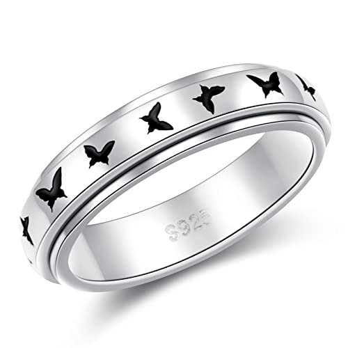 Alphm S925 Sterling Silver Spinner Fidget Anxiety Band Rings Butterfly