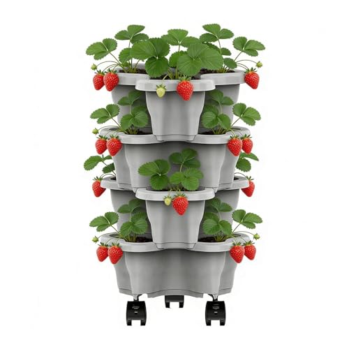 Pflanzturm mit Rollen 4/6 Etagen Stapelbar Pflanzturm für Erdbeeren Vertikales Hochbeet System für Balkon & Terrasse Erdbeerturm Kartoffelturm Kräuterturm für Indoor und Outdoor