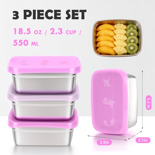 Image of Tanjiae 3-Pack Stainless Steel Snack Containers for Kids & Toddlers - 550ml (18oz) Leakproof Colorful Lids with Cute Dinosaurs | LFGB Certified, Stackable Metal Lunch Box for Daycare, School, Travel