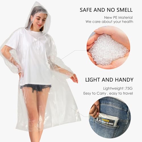 Rain Ponchos for Adults, Clear Family Pack - Disposable Rain Poncho for Women and Men with Drawstring Hood3