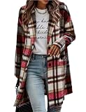 APAFES Red Plaid Shacket Womens Long Suit Collar Fall Flannel Jackets Trench Pea Coat(0570-Red-XL)