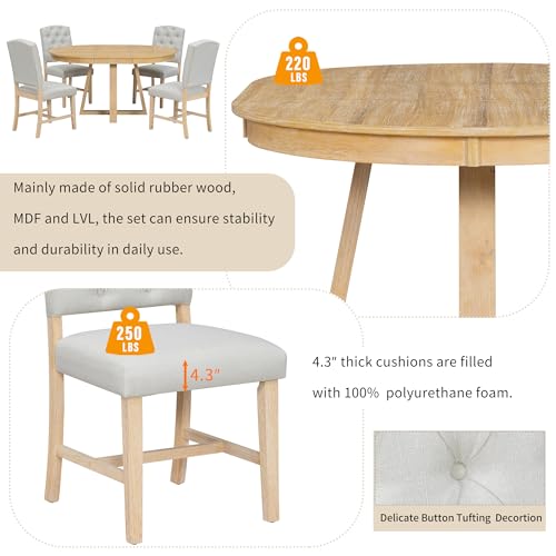 Image of Bellemave 5-Piece Dining Table Set, Extendable Round Dining Table with 16 inch Removable Leaf, 4 Upholstered Button Tufted Chairs, Acacia Veneer Tabletop (Natural)
