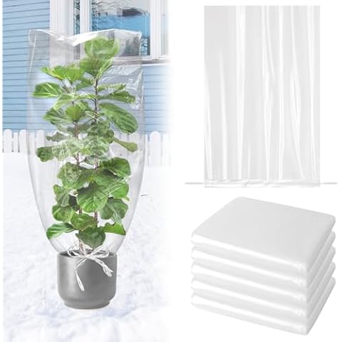 UNIFAMILY 5PCS Plastic Plant Covers Freeze Protection with Drawstring, Plant Shelter Bags Waterproof, 43.3 x 27.6 in Plant Frost Protection Covers, Outdoor Plant Cover for Winter Freeze Protection Cover
