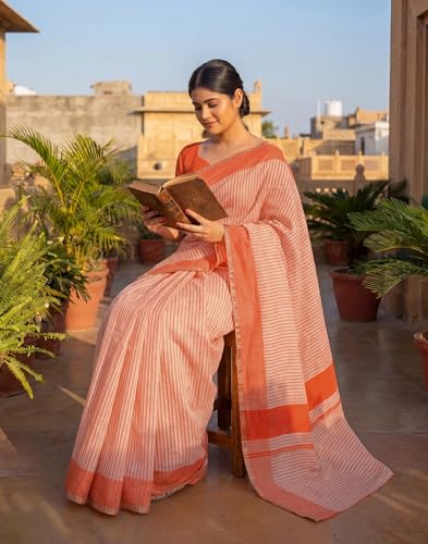 Image of SIRIL Women's Cotton Linen Printed, Zari Border One Minute Ready To Wear Saree With Unstitched Blouse Piece