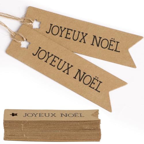 COLOFALLA 50pcs 2x7cm Weihnachten Geschenkanhänger JOYEUX NOËL aus Kraftpapier mit 10 cm Hanfseil - Weihnachten Geschenk Etiketten