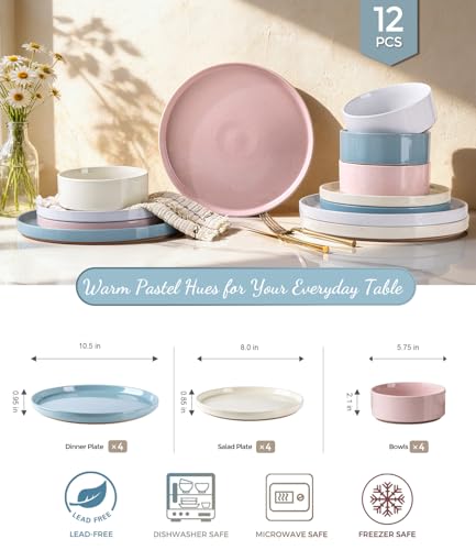 Image of AmorArc Ceramic Dinnerware Set for 8 | Handpainted Stoneware Plates and Bowls with Rustic Terracotta Underside| Scratch Resistant,Dishwasher & Microwave Safe Dishes Sets- 24pcs Colorful