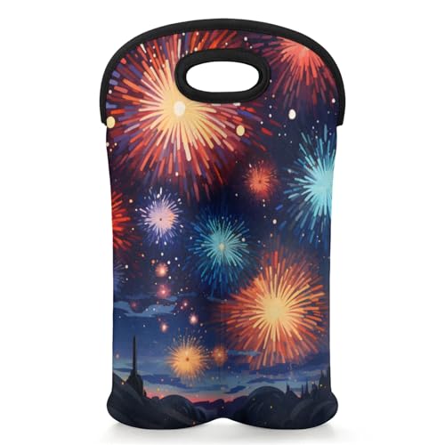 GzLeyigou 2 Bottles City Fireworks Wine Bag Sleeve Totes Neoprene Protective Wine Carrier Bag for Wine,Water, Champagne, Beer, Baby Bottles,Gift 14.5 x 10 Inches