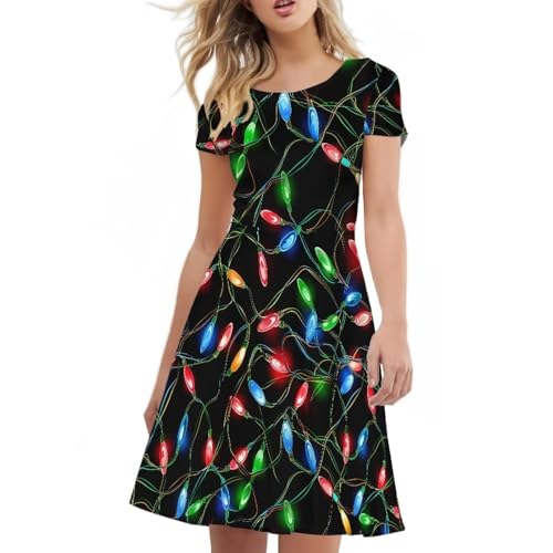 Image of POLERO Women Puffy Swing Elegant Party Midi Dresses Short Sleeve Round Neck A-Line Dress
