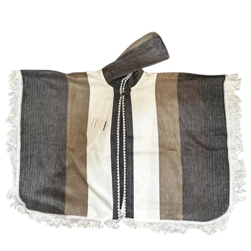100% Handmade in Ecuador, Button-Up BABY ALPACA Wool Cape Poncho Wrap Shawl COAT with Hood (Beige Stripes)3