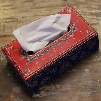 Image of Hand Painted Wooden Tissue Box, 24cm x 14cm x 8cm Height, Multicolored, for Dining or Washroom