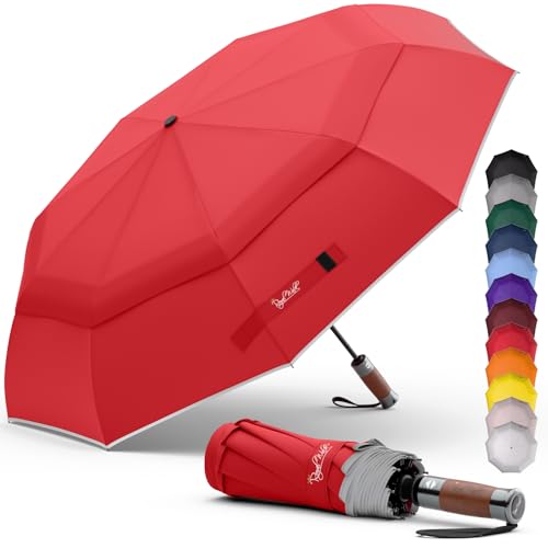 Royal Walk Parapluie de poche, résistant aux tempêtes, automatique, coupe-vent, double toit, petit et stable, réfléchissant, avec poignée en bois véritable de luxe, pour homme et femme, rouge, L,