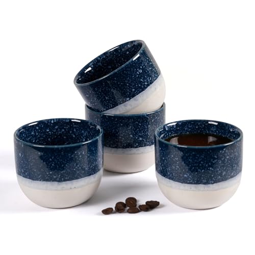 Ceramic Espresso Cups Set of 4, Double Walled Espresso Coffee Mugs for Nespresso Cups, Special glazed Demitasse Cups Expresso Coffee Cup for Espresso Machine (Blue & White)