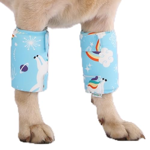 LovinPet Dog Leg Sleeves for Medium & Large Dogs, Set of 2 Anti-Lick Leg Wraps for Front & Hind Legs, Adjustable Soft Elbow & Leg Covers for Hotspots, Wounds, Calluses, Non-Brace, Unicorn Print, Blue