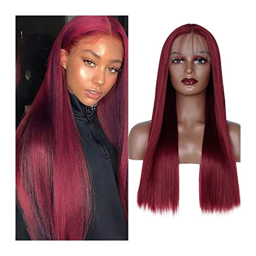 Perruque bordeaux 99J T Part Lace Front en synthétique lisse de 180% densité pour femmes
