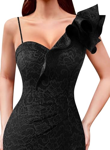 Image of VFSHOW Womens Ruffle One Shoulder Strap Ruched Formal Prom Wedding Maxi Dress V Neck Elegant Split Cocktail Evening Long Gown