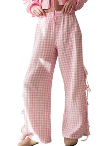 Image of codcm Womens Gingham Striped Wide Leg Pants Y2k Lounge Pants Lace Up Loose Trousers