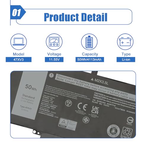 Image of 50Wh 47XV3 Laptop Battery Replacement for Dell Latitude 9330 2-in-1 Latitude 9330 Series 047XV3 GK1M0 0GK1M0 11.55V 4113mAh